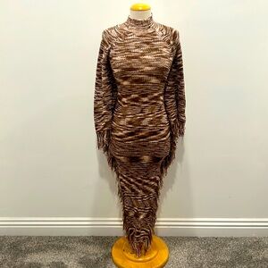 PINK & BROWN SWEATER FRINGE DRESS, NWOT, SIZE SMALL,